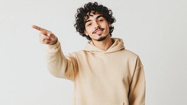 Smiling young man with curly hair in beige hoodie pointing forward gesture concept