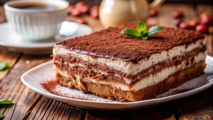 Classic Italian tiramisu dessert with cocoa powder on a rustic table