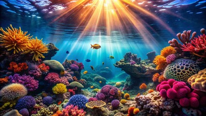 Fototapeta premium Vibrant Underwater Coral Reef Scene with Sunbeams - Stock Photo
