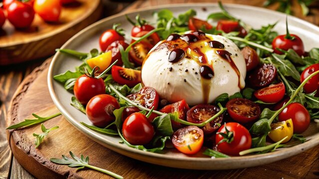 Fresh burrata cheese salad with cherry tomatoes, arugula, and balsamic glaze - Powered by Adobe