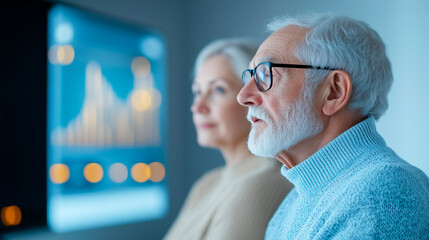 Elderly couple analyzing data on futuristic screen, showcasing technology's role in health monitoring and smart living solutions.
