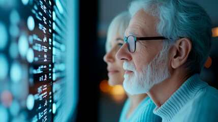 Elderly couple analyzing data on futuristic screen, showcasing technology's role in health monitoring and smart living solutions.