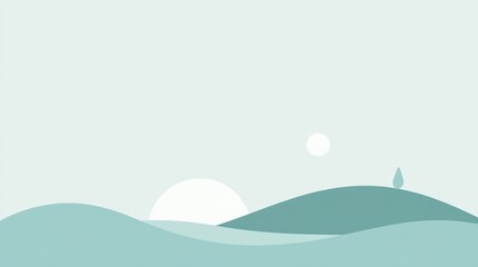 Serene sunrise over rolling hills, minimalist landscape, pastel tones, website banner