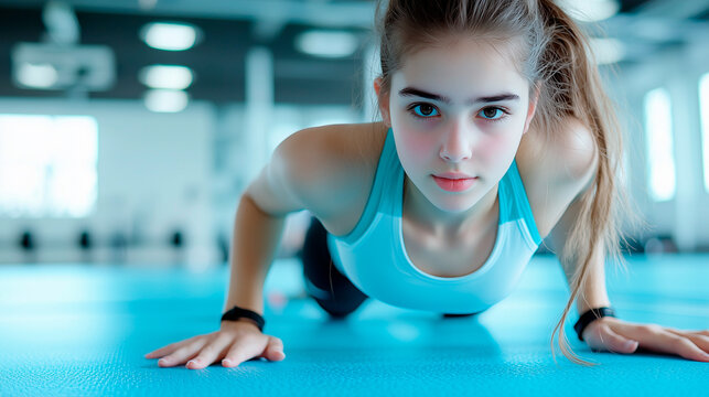 Focused young woman performing push-ups on a gym mat in a fitness studio, emphasizing strength, determination, and healthy lifestyle.