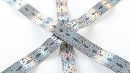 Intertwined in an elegant dance, light blue ribbon with intricate black leaf patterns crosses a plain counterpart against a pristine white backdrop