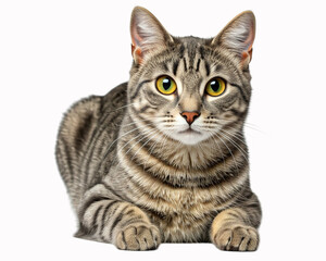 Fototapeta premium A full-body portrait of a grey cat, isolated on a bright white background