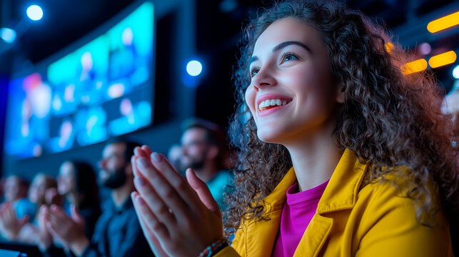 Smiling woman applauding in an audience during an event, exuding happiness, excitement, and engagement in a vibrant setting.
