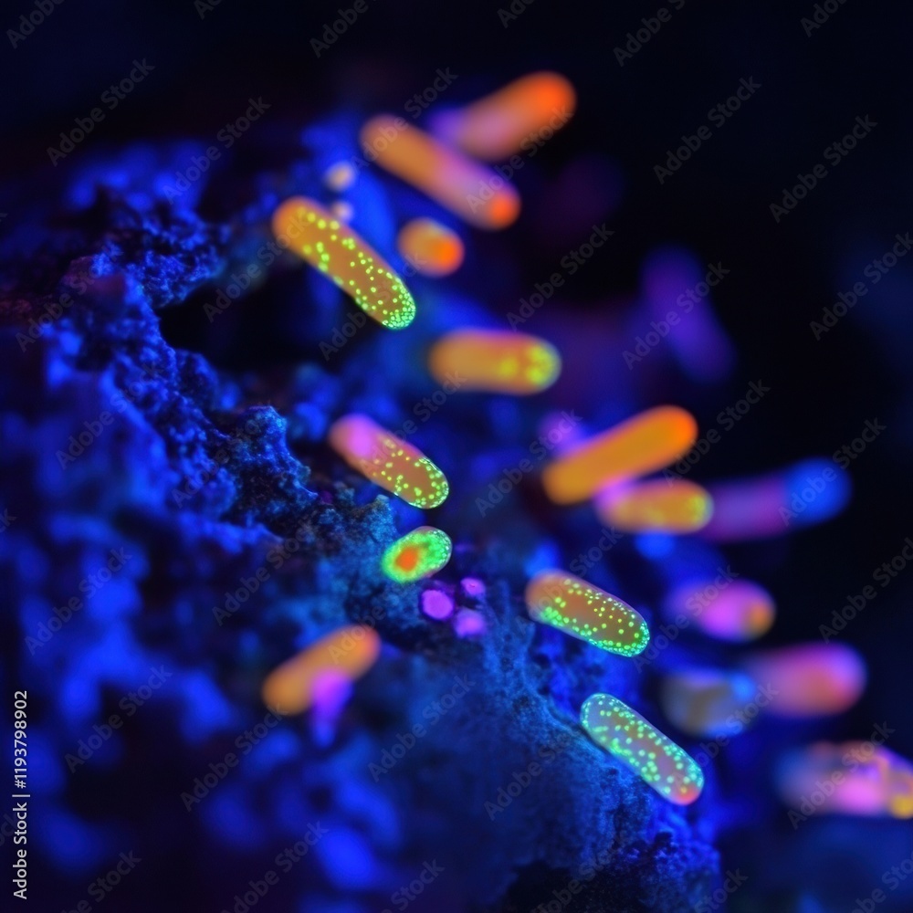 Poster glowing bacteria thrive in a dark environment illuminated by ultraviolet light at a marine research 