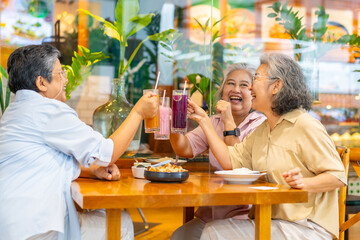 Happy Asian senior woman travel and shopping in the city on summer holiday vacation. Group of Healthy elderly women friends enjoy outdoor lifestyle having lunch eating food together at restaurant.