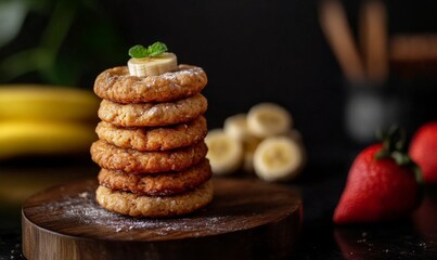 A stack of banana oatmeal cookies on a wooden surface, fruit and pastry display, baked goods arrangement, natural snacks