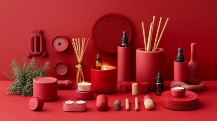 Red Aesthetic Still Life with Candles, Diffusers, and Accessories