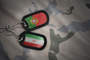 vintage army blank, dog tag with flag of portugal and iran on the khaki texture background....