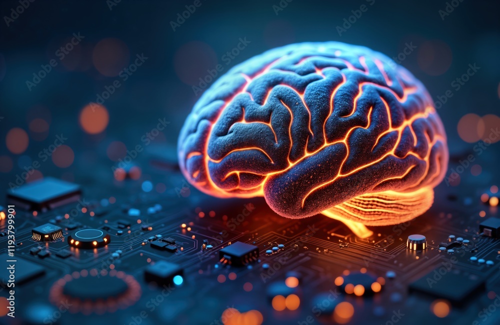 Poster Abstract illustration of human brain on circuit board. Brain glows with orange, blue light. Looks like symbol for neural network or AI. Design for tech or science background. Modern futuristic style.