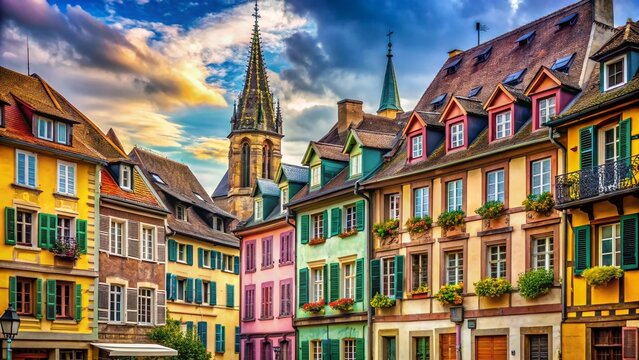 Vintage Alsace Town: Colorful Houses, Shutter Windows, and Cathedral Bell Tower in Mulhouse Historic Center