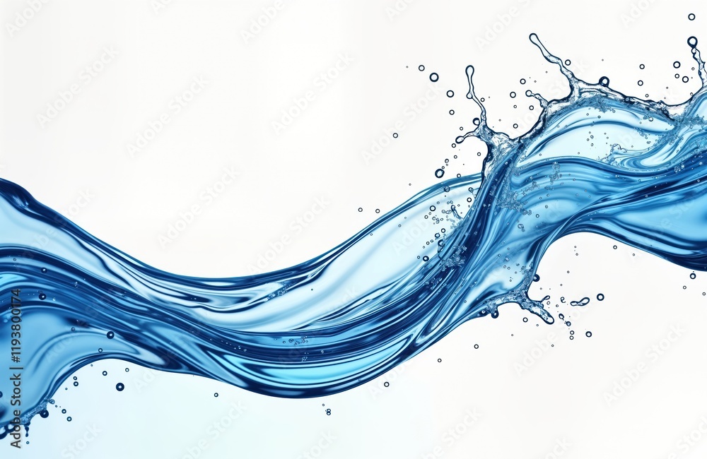 Poster Dynamic blue water swirl, splash isolated on white background. Liquid flows in wave pattern with small bubbles. Visually appealing abstract design. Perfect for water theme products eco concept.