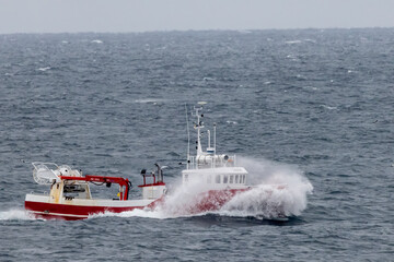Fototapeta premium Fishing boats laden with cod return to Grimsey Island, Iceland