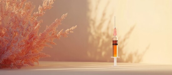 Glowing syringe filled with vibrant red liquid resting on a reflective surface in a sterile medical research or laboratory setting symbolizing innovation technology and healthcare solutions