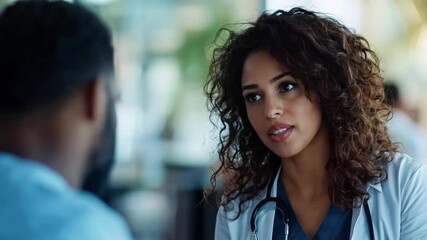 A medical professional with curly hair communicates with a patient about the next steps in their treatment plan, demonstrating professionalism and compassion in a clinical setting