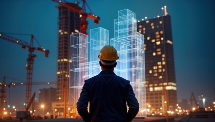 Engineer reviews building plan using hologram technology. Construction site at night. Urban landscape with cranes. Manager inspects design. Modern construction workflow. City skyline. Expert planner.