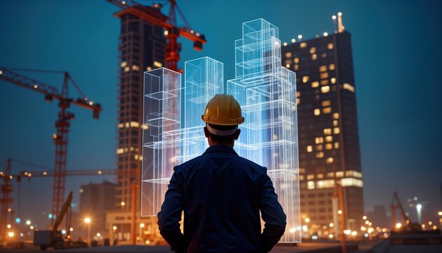 Engineer reviews building plan using hologram technology. Construction site at night. Urban landscape with cranes. Manager inspects design. Modern construction workflow. City skyline. Expert planner.