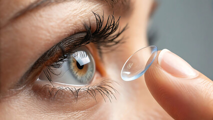 Young woman putting contact lens in her eye on blurred background, closeup
