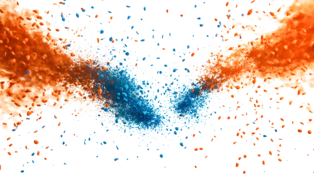 orange and blue flying particles isolated