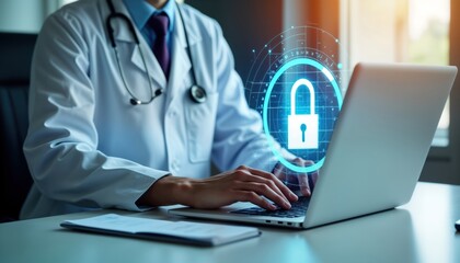 Medical pro types on laptop focused on secure login session. Doctor uses computer for secure patient data. Healthcare tech protects patient information. Digital security measure in healthcare. Access