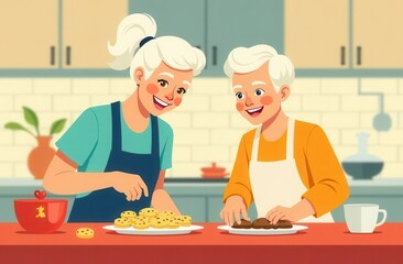 Elderly couple enjoying snacks in the kitchen.