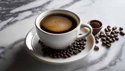 A cup of freshly brewed coffee sits on a marble surface, surrounded by roasted beans.