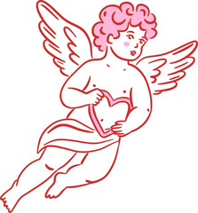 Cupid with heart. Hand drawn line art vector illustration in pink and red color. Valentine's Day and romance concept.