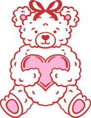 Teddy bear with bow holding a pink heart. Hand-drawn cute cartoon vector illustration with pink and red details. Valentine's Day and love gift concept