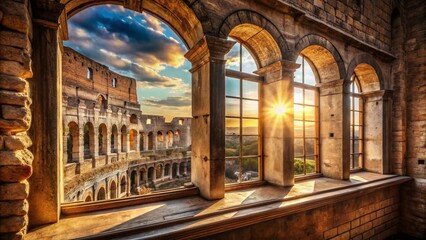 Obraz premium Vintage Coliseum Windows: Roman Ruins & Scenic View Stock Photo