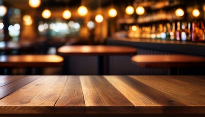Warm lighting illuminates a rustic wooden table in a blurred bar background.