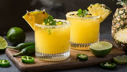 Refreshing pineapple jalapeño margaritas, garnished with cilantro and lime.