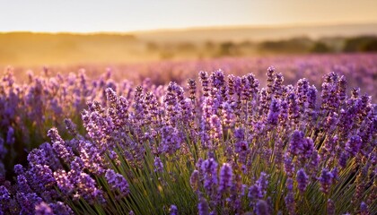 Obraz premium Sunset over a field of purple lavender flowers.