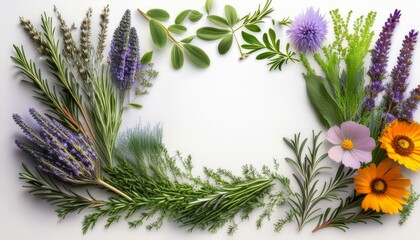 Assortment of herbs and flowers arranged in a frame.