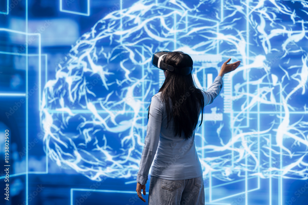 Poster engineer wearing vr headset, working with artificial intelligence neural networks to process dataset