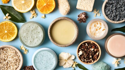 Fototapeta premium Flatlay of Natural Spa Ingredients Lemon Orange Herbal Face Mask Cream