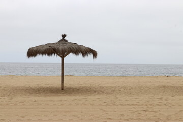 Sombrilla de paja solitaria en la playa