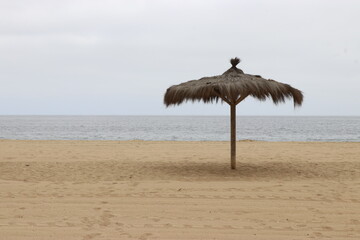 Sombrilla de paja solitaria en la playa