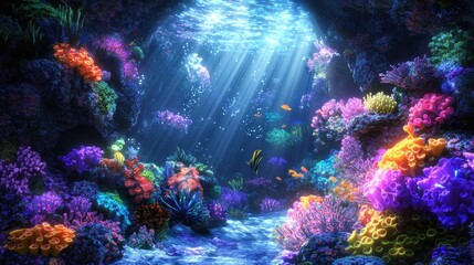 Fototapeta premium Vibrant underwater coral reef scene with sunbeams.