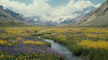 Serene mountain valley with wildflowers and stream.