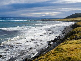 Landscape along the Strandvegur. The Strandir in the Westfjords (Vestfirdir) in Iceland during...