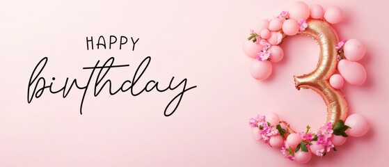 Happy 3rd Birthday Celebration: Pink Balloons  Floral Decorations