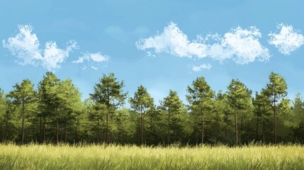 Sunny day, green meadow, and pine forest landscape.