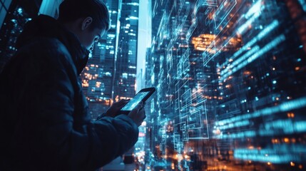 Young asian male exploring digital cityscape at night with tablet in hand