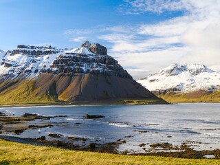 Landscape in the Arneshreppur at bay Trekyllisvik. The Strandir in the Westfjords (Vestfirdir) in Iceland during autumn.