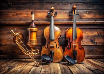 Fototapeta premium Vintage Instruments: Violins, Trumpet & Piano on Wooden Floor