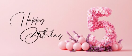 Happy 5th Birthday Floral Number Five with Pink Balloons and Lavender