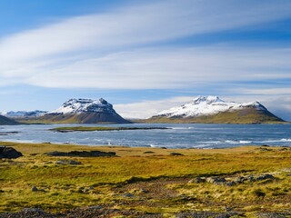 Landscape in the Arneshreppur at bay Trekyllisvik. The Strandir in the Westfjords (Vestfirdir) in Iceland during autumn.